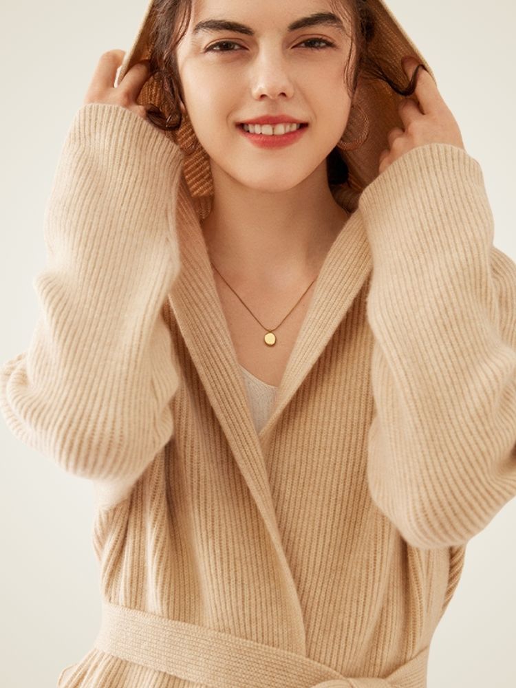 LanlyCashmere Women’s Hooded Wool Cashmere Cardigan Coat – Longline Knit Sweater