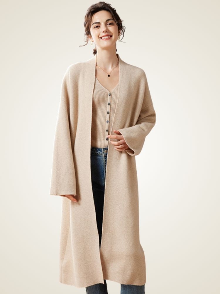 LanlyCashmere Women’s Long Cashmere Cardigan – Open Front Knit Coatigan