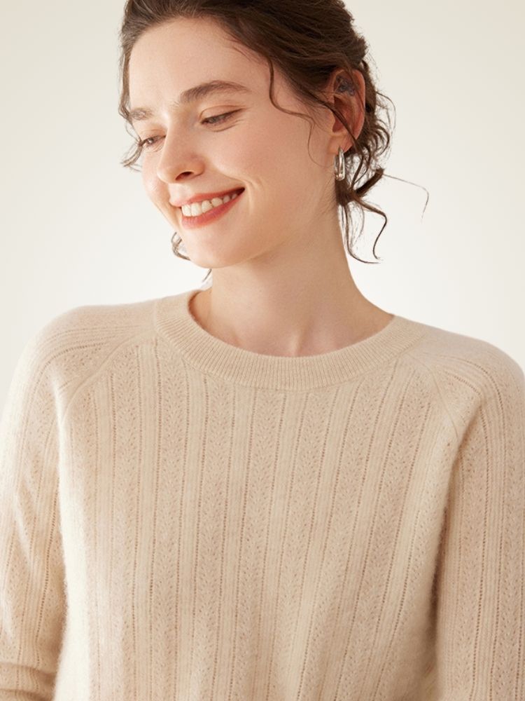 LanlyCashmere Women’s Pointelle Cashmere Sweater – Crew Neck Slim Fit Knit Pullover