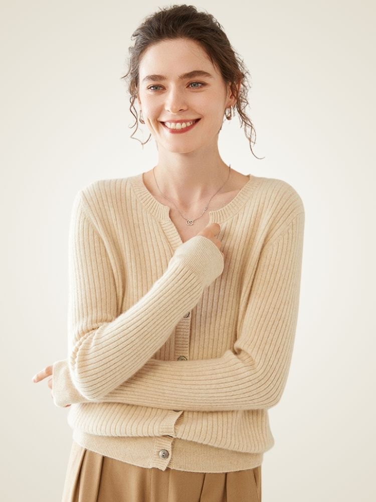 LanlyCashmere Women’s Ribbed Cashmere Cardigan – Slim Fit Button Knit Sweater