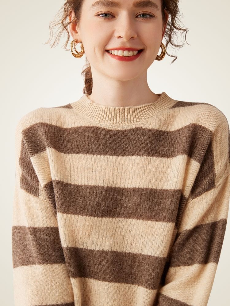 LanlyCashmere Women’s Striped Cashmere Sweater – Relaxed Fit Breton Knit Pullover