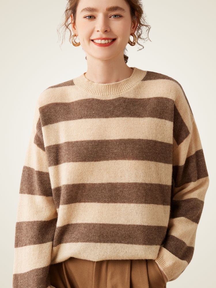 LanlyCashmere Women’s Striped Cashmere Sweater – Relaxed Fit Breton Knit Pullover