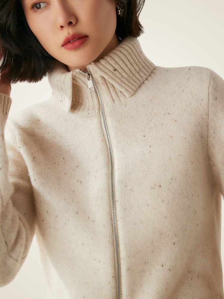 LanlyCashmere Wool Cashmere Zip Sweater – Thick Stand Collar Knit Cardigan