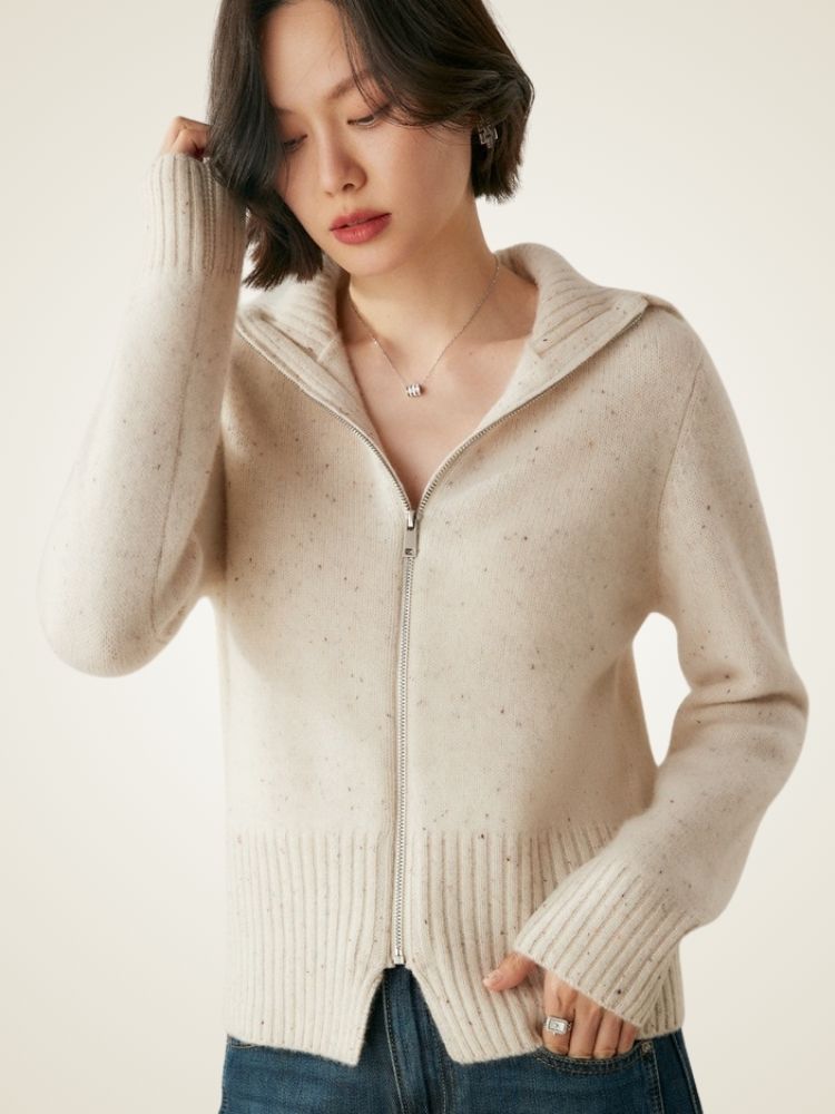 LanlyCashmere Wool Cashmere Zip Sweater – Thick Stand Collar Knit Cardigan