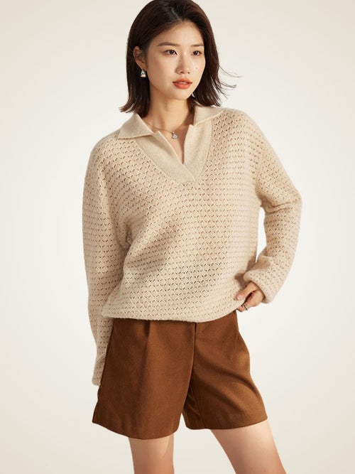 Lanly Cashmere Open-Knit Polo Sweater - Mongolia Cashmere Pullover