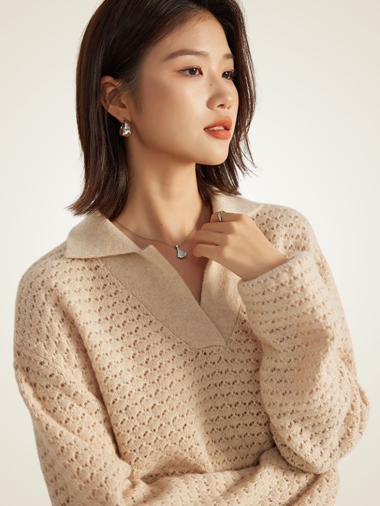 Lanly Cashmere Open-Knit Polo Sweater - Mongolia Cashmere Pullover