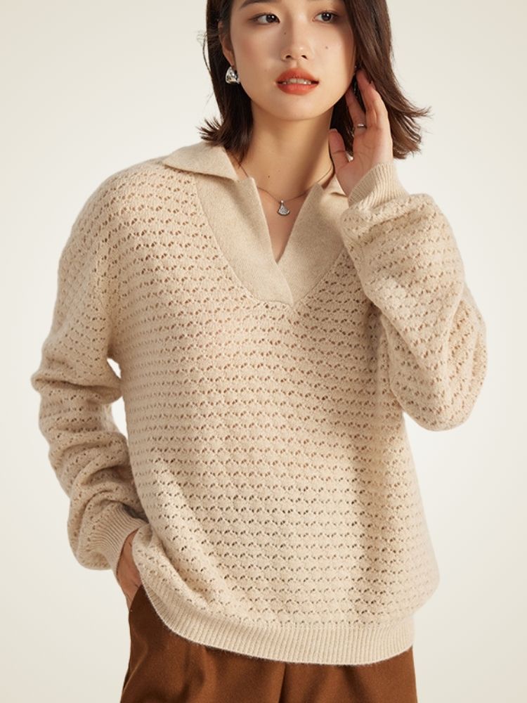 Lanly Cashmere Open-Knit Polo Sweater - Mongolia Cashmere Pullover