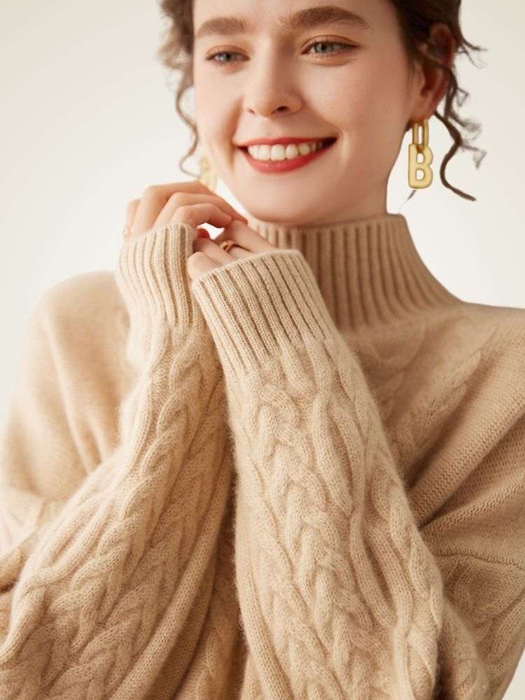 Lanlycashmere Cable Knit Cashmere Turtleneck Sweater – Textured Winter Pullover