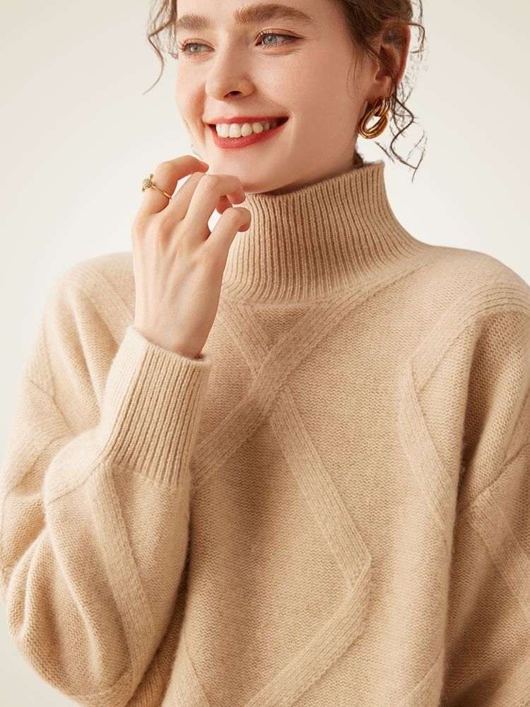 Lanlycashmere Geometric Cashmere Sweater Dress – Longline Turtleneck Knit