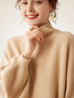 Lanlycashmere Soft Ribbed Turtleneck Cashmere Jumper - Lantern Sleeve Knitwear