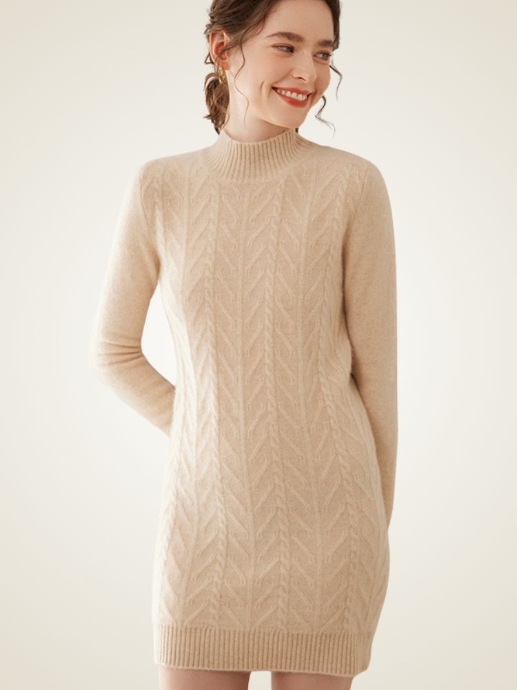 Lanlycashmere Cable Knit Cashmere Dress – Slim Fit Elegant Sweater Dress