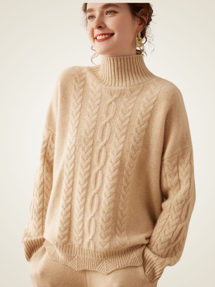 Lanlycashmere Cable Knit Cashmere Turtleneck Sweater – Textured Winter Pullover