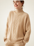 Lanlycashmere Cable Knit Cashmere Turtleneck Sweater – Textured Winter Pullover