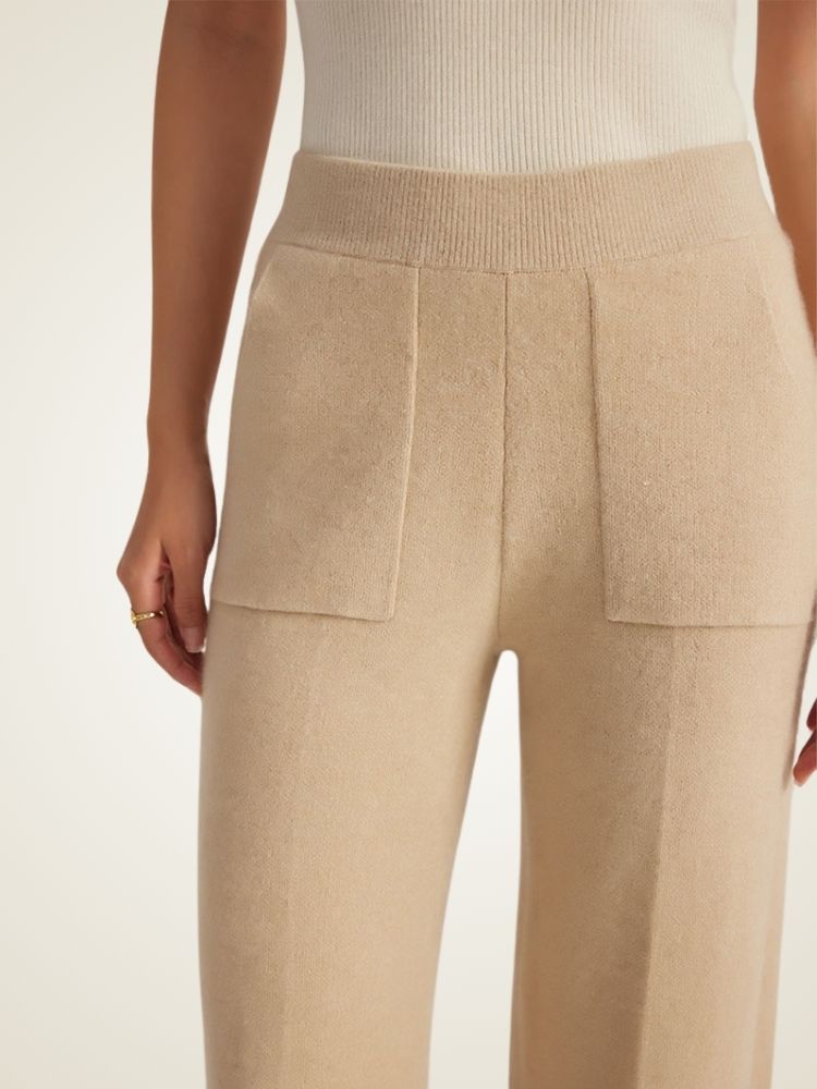 Lanlycashmere Cashmere Split Hem Pants – High Waisted Wide Leg Knit Trousers