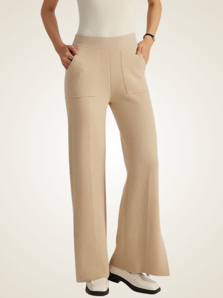 Lanlycashmere Cashmere Split Hem Pants – High Waisted Wide Leg Knit Trousers