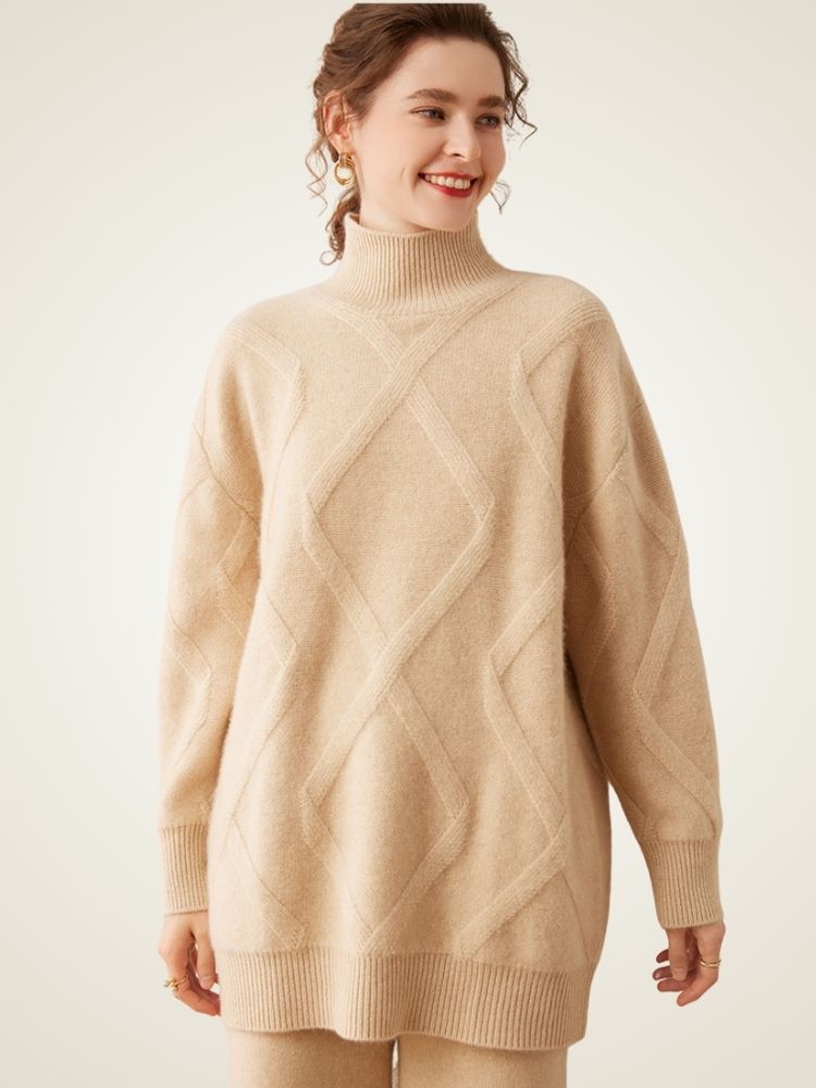 Lanlycashmere Geometric Cashmere Sweater Dress – Longline Turtleneck Knit