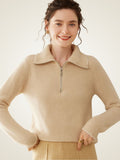 Lanlycashmere Half Zip Cashmere Sweater – Ribbed Fitted Zip Neck Pullover