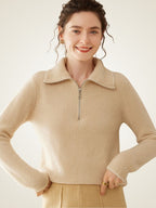 Lanlycashmere Half Zip Cashmere Sweater – Ribbed Fitted Zip Neck Pullover
