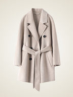 Lanlycashmere Mid Length Cashmere Coat Women – Double Breasted Belted Coat