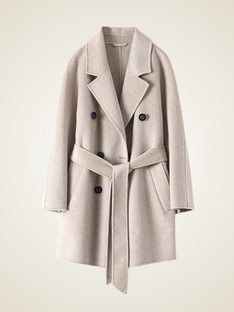 Lanlycashmere Mid Length Cashmere Coat Women – Double Breasted Belted Coat