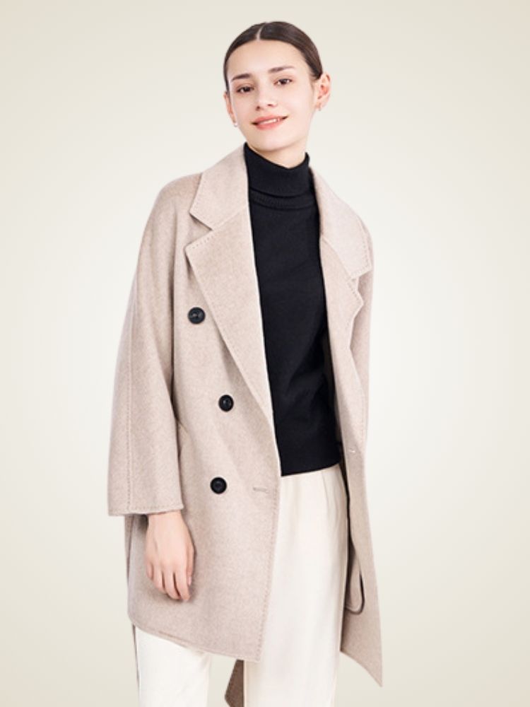 Lanlycashmere Mid Length Cashmere Coat Women – Double Breasted Belted Coat