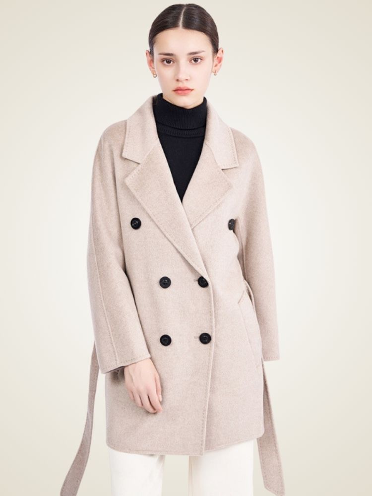Lanlycashmere Mid Length Cashmere Coat Women – Double Breasted Belted Coat