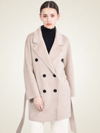Lanlycashmere Mid Length Cashmere Coat Women – Double Breasted Belted Coat