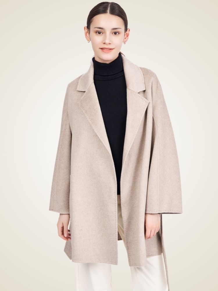 Lanlycashmere Mid Length Cashmere Coat Women – Minimalist Belted Wrap Coat