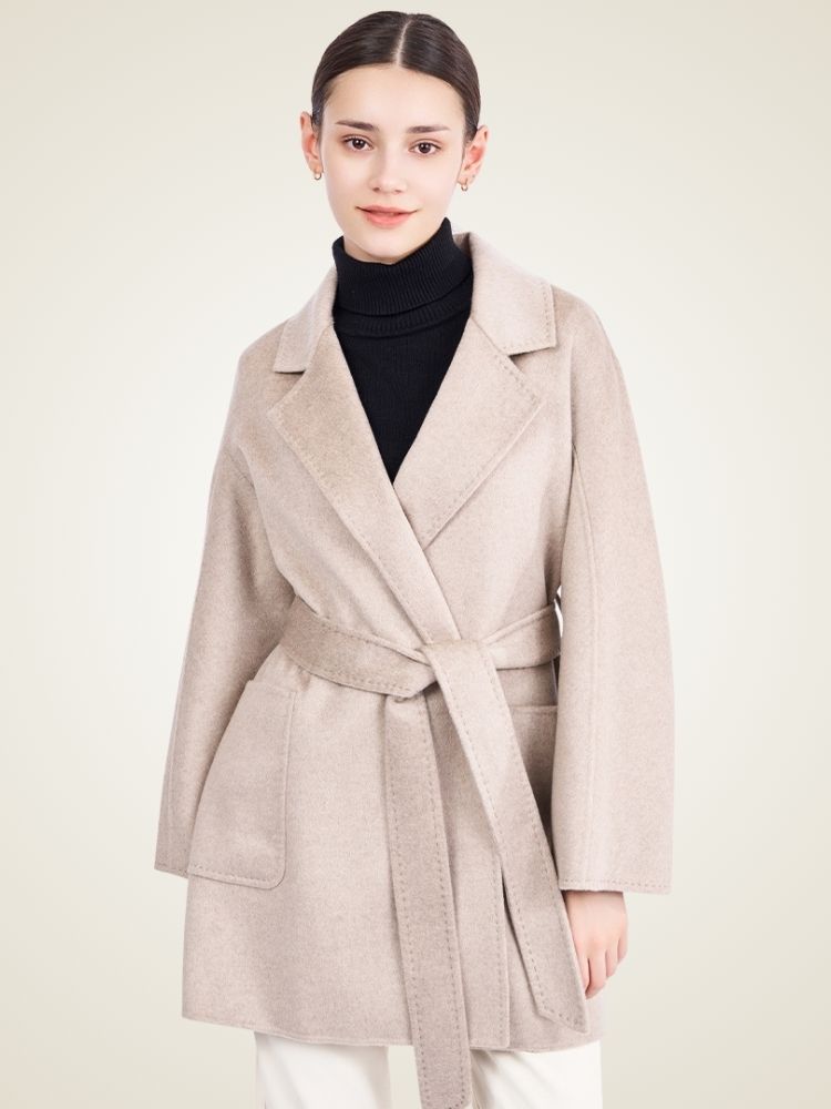 Lanlycashmere Mid Length Cashmere Coat Women – Minimalist Belted Wrap Coat