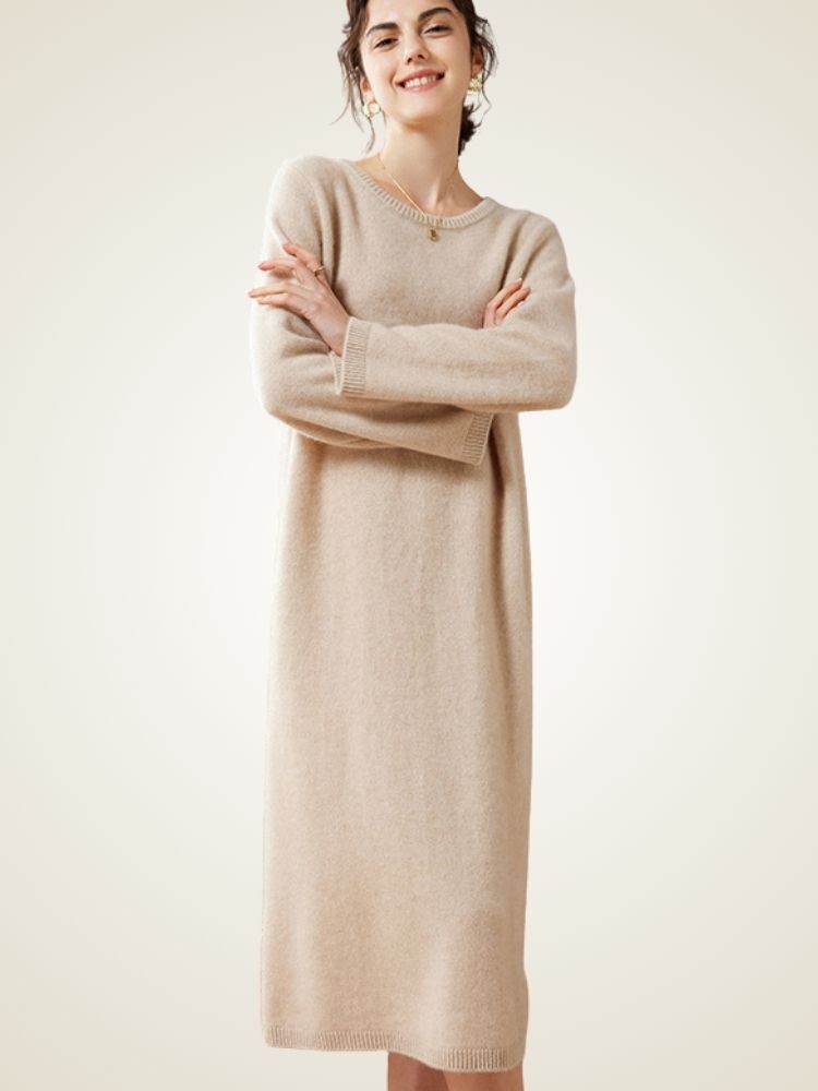Lanlycashmere Minimalist Cashmere Midi Dress – Relaxed Knit Sweater Dress