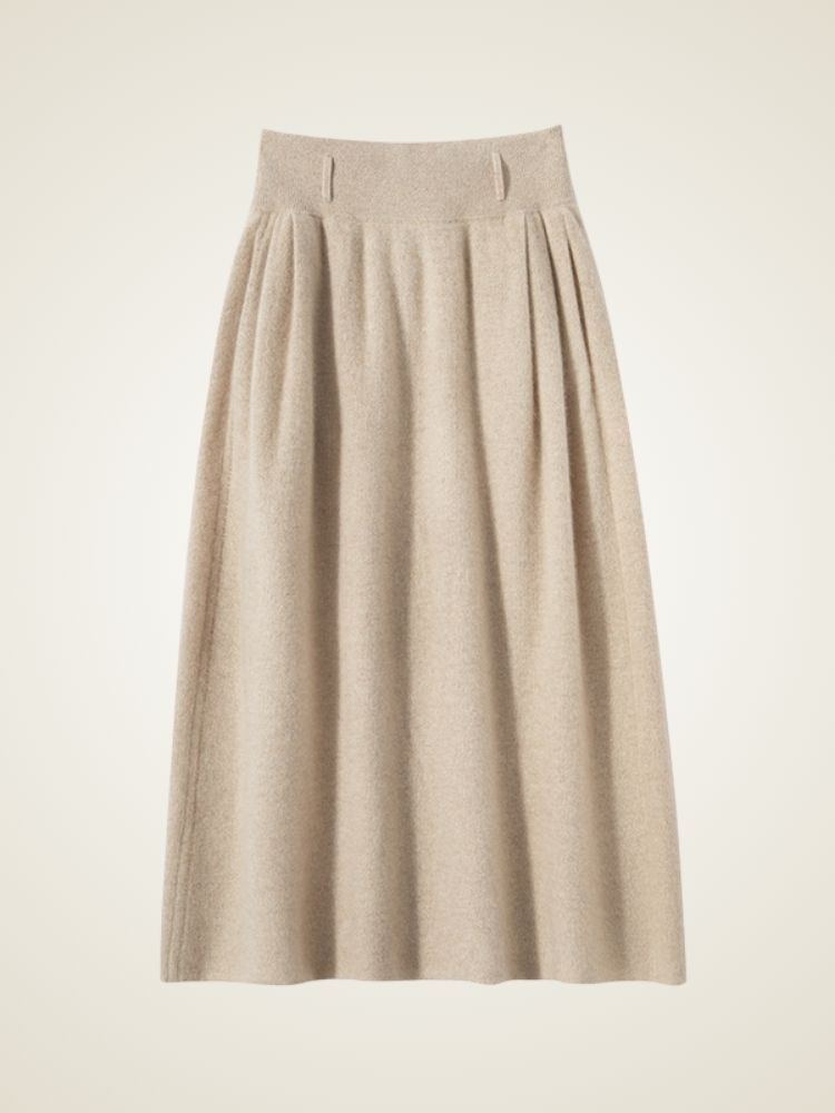 Lanlycashmere Pleated Cashmere Skirt – High Waisted Midi A-Line Skirt