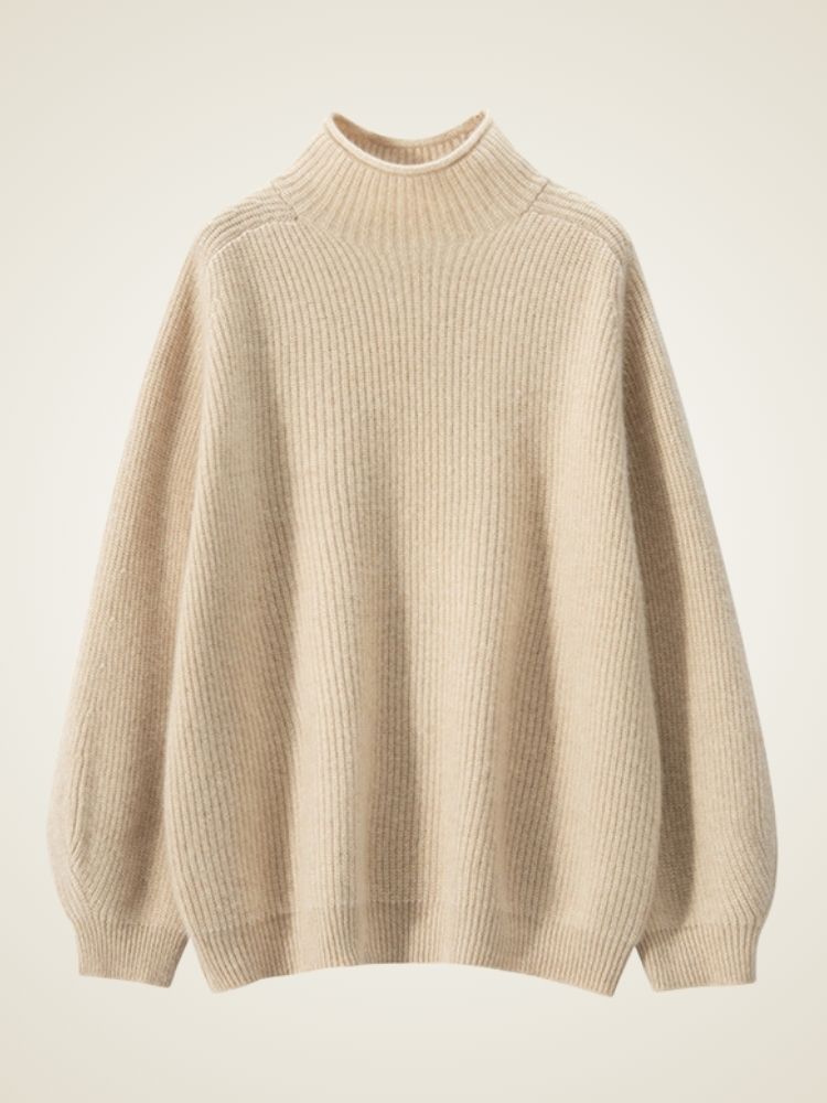 Lanlycashmere Soft Ribbed Turtleneck Cashmere Jumper - Lantern Sleeve Knitwear