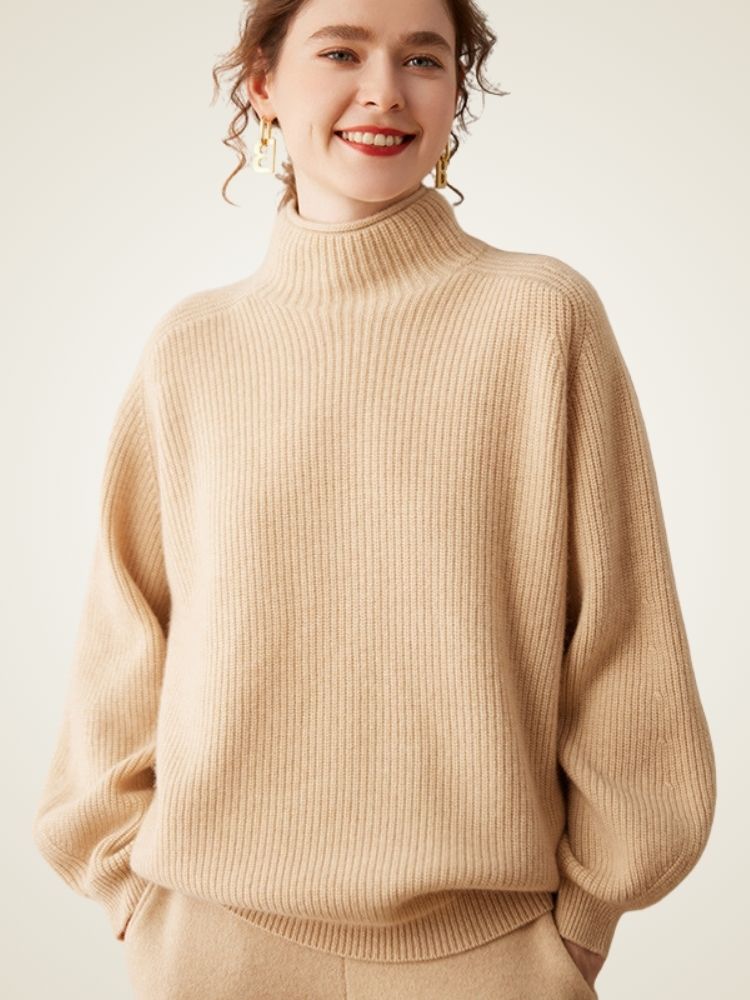 Lanlycashmere Soft Ribbed Turtleneck Cashmere Jumper - Lantern Sleeve Knitwear