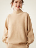 Lanlycashmere Soft Ribbed Turtleneck Cashmere Jumper - Lantern Sleeve Knitwear