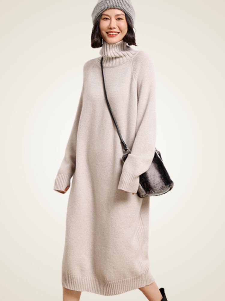 Lanlycashmere Turtleneck Cashmere Sweater Dress – Cozy Knit Midi Dress