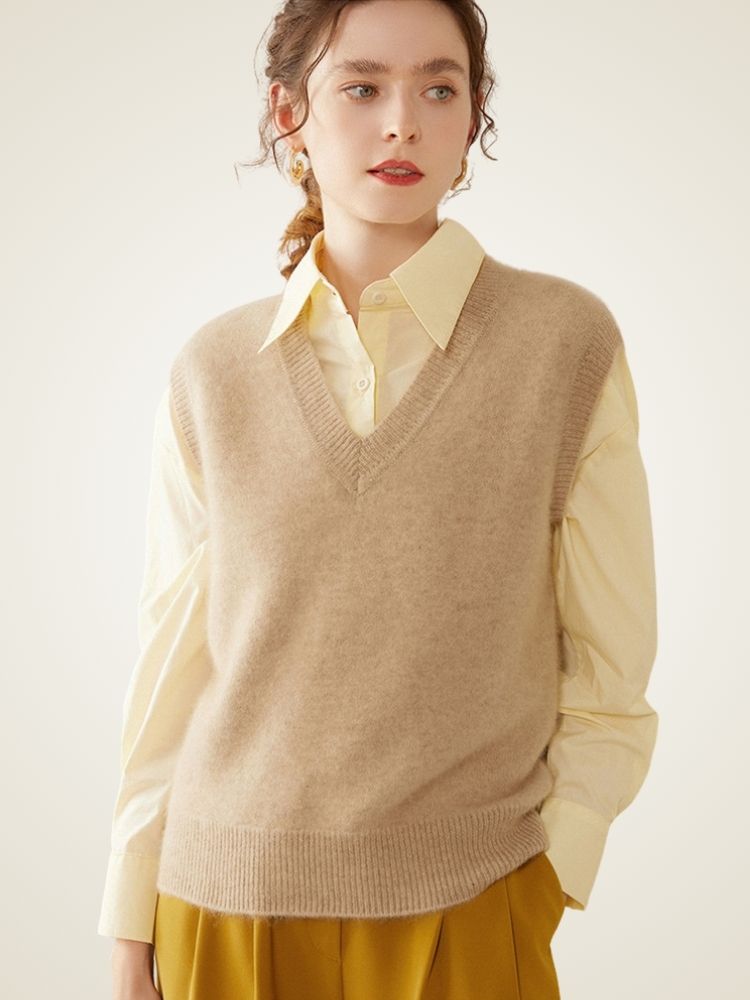 Lanlycashmere V-Neck Cashmere Sweater Vest – Classic Lightweight Knit Top