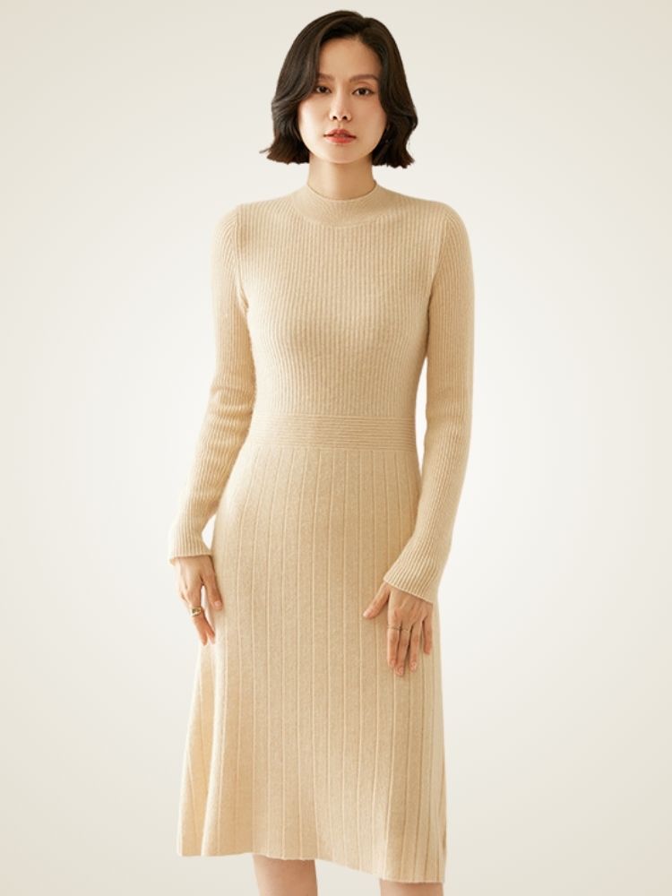 LanlyCashmere Geripptes Kaschmir-Midikleid, schmale Passform, elegant gestrickt