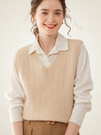 LanlyCashmere Women's Textured Cashmere Vest V Neck Knit