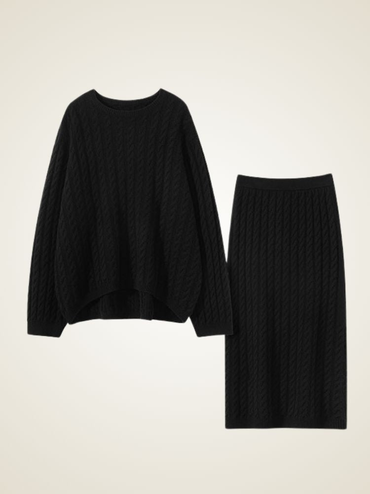 LanlyCashmere Cable-Knit Cashmere Set – Sweater & Midi Skirt Ensemble