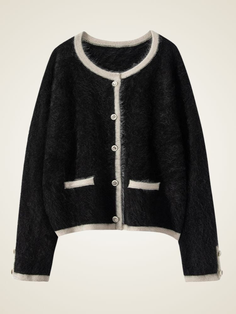 LanlyCashmere Contrast Trim Cashmere Cardigan – Soft Cropped Knit Jacket