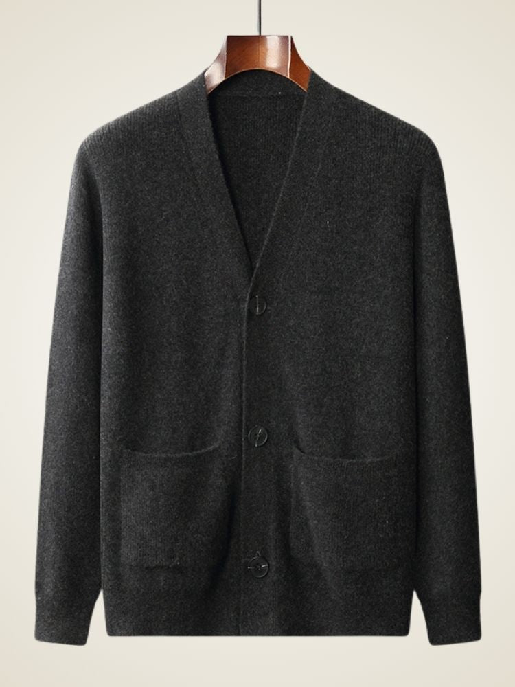 LanlyCashmere Men's 7-Gauge Heavyweight 100% Pure Cashmere V-Neck Cardigan - Thick Knit Luxury