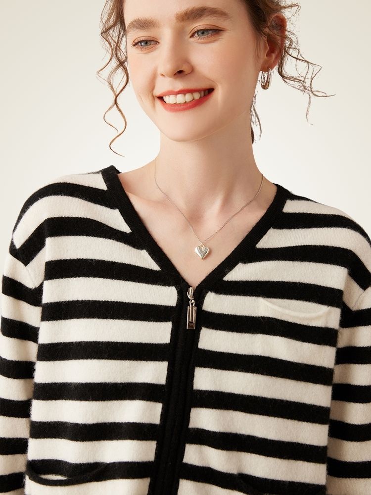 LanlyCashmere Striped Cashmere Zip Cardigan – Lightweight Knit Sweater