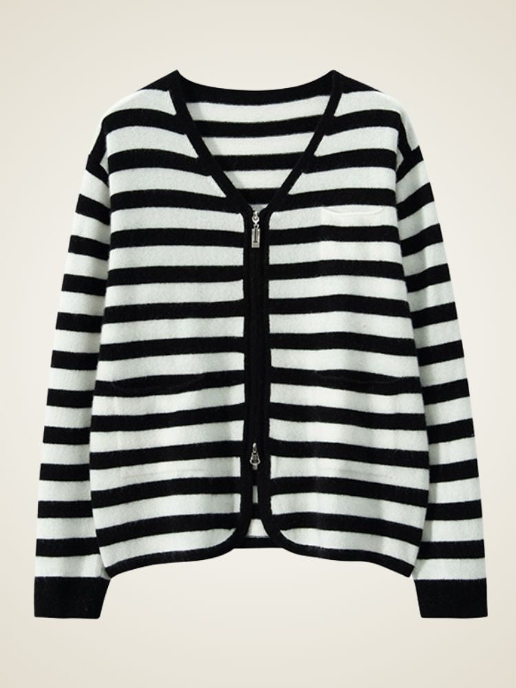LanlyCashmere Striped Cashmere Zip Cardigan – Lightweight Knit Sweater