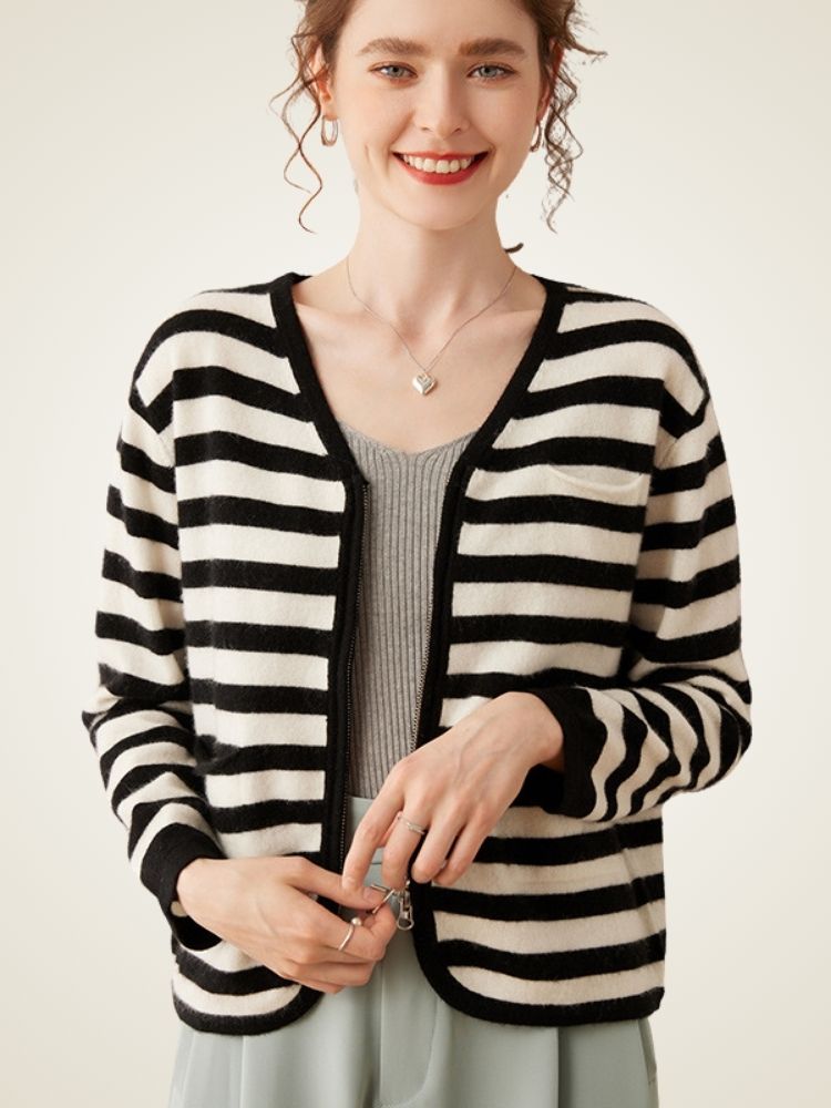 LanlyCashmere Striped Cashmere Zip Cardigan – Lightweight Knit Sweater