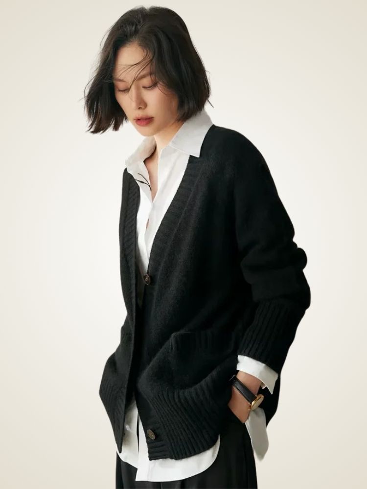 LanlyCashmere Women’s Chunky Cashmere Cardigan – Deep V Neck Button Knit Sweater