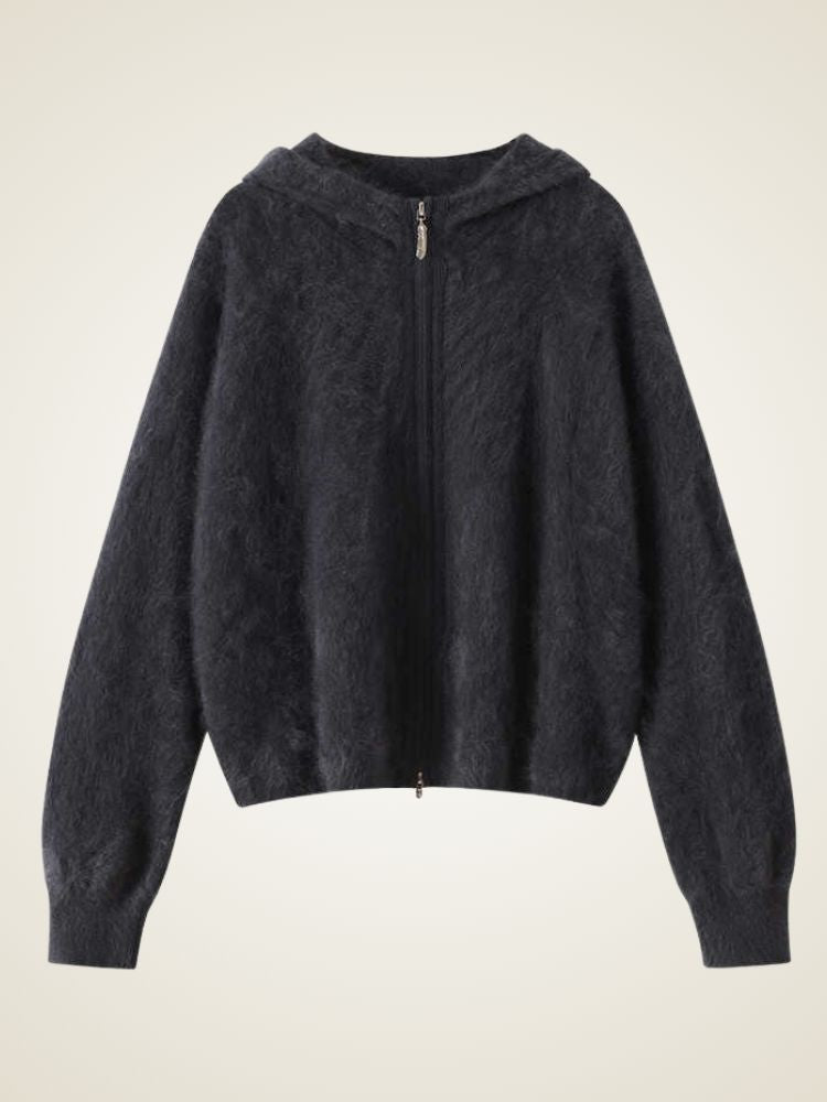 LanlyCashmere Women’s Fluffy Cashmere Zip Hoodie – Soft Knit Jacket