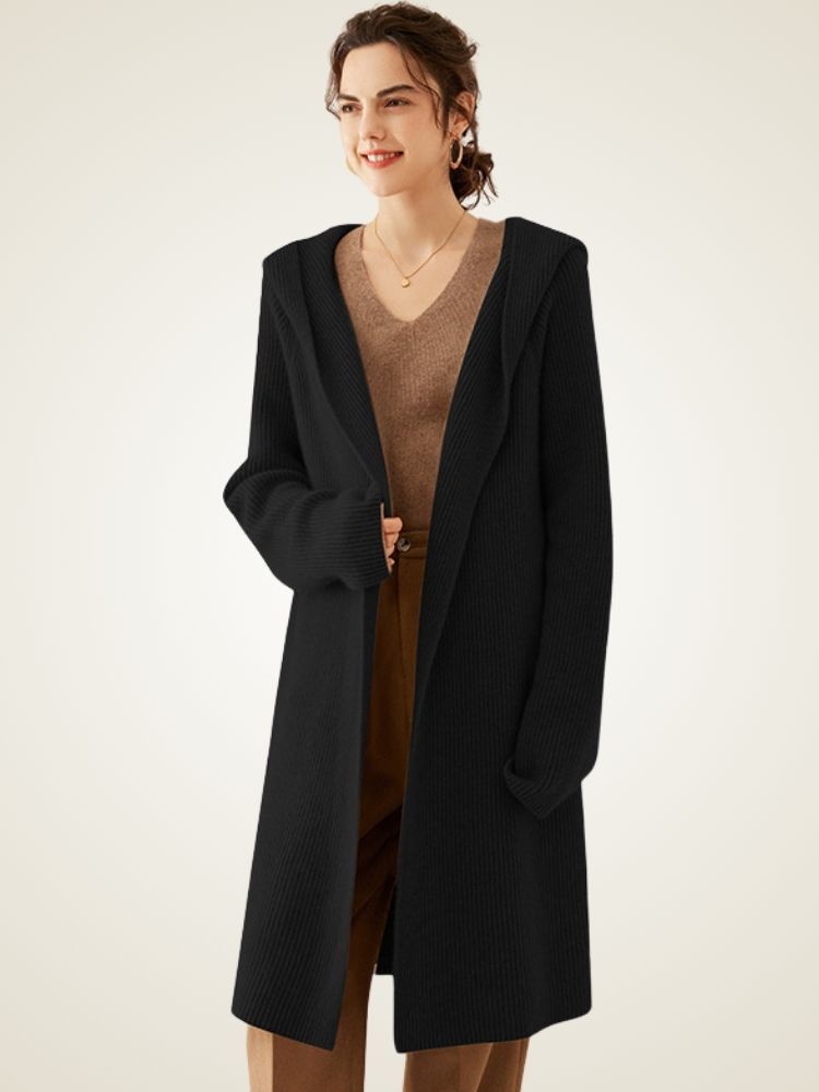 LanlyCashmere Women’s Hooded Wool Cashmere Cardigan Coat – Longline Knit Sweater