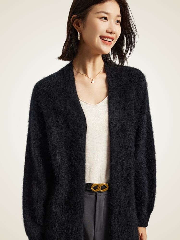 LanlyCashmere Women’s Long Brushed Cashmere Cardigan – Soft Fuzzy Knit Coat