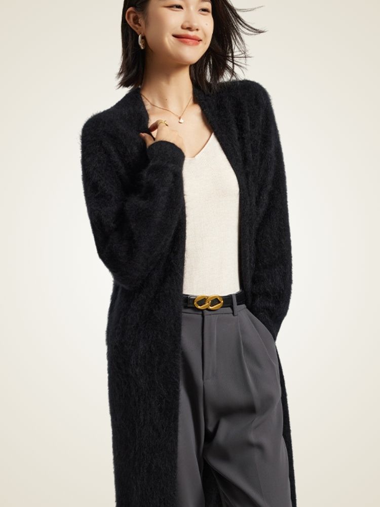 LanlyCashmere Women’s Long Brushed Cashmere Cardigan – Soft Fuzzy Knit Coat