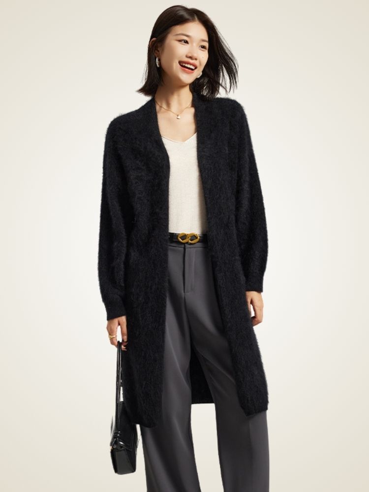 LanlyCashmere Women’s Long Brushed Cashmere Cardigan – Soft Fuzzy Knit Coat